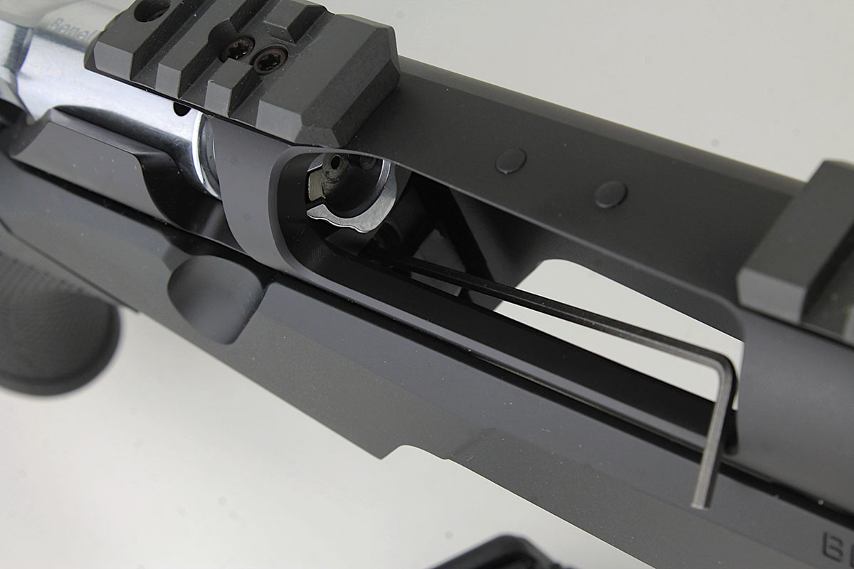 Trigger weight is adjusted by a screw accessed through the ejection port after removing the magazine. The proper Allen wrench is included.